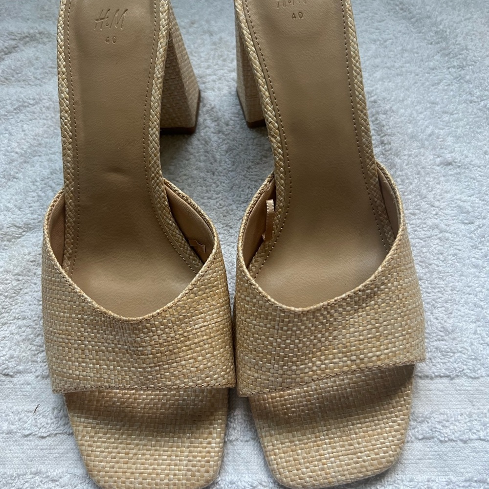 Rattan wicker straw summer block heels mules